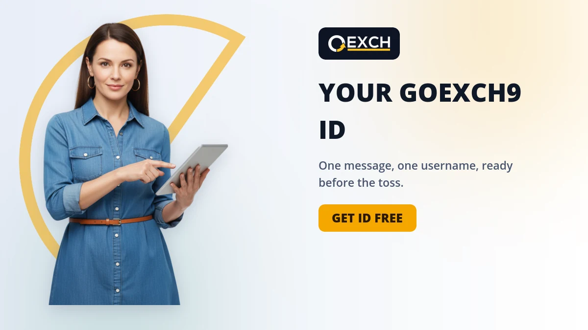 GoExch9 ID banner with a presenter pointing at a tablet beside a Get ID Free button