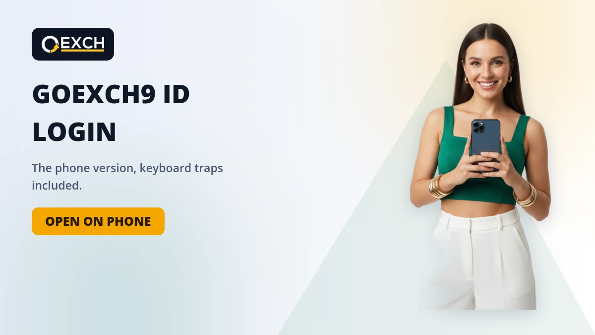 Two-handed phone grip next to an Open on Phone prompt for a first GoExch9 ID login