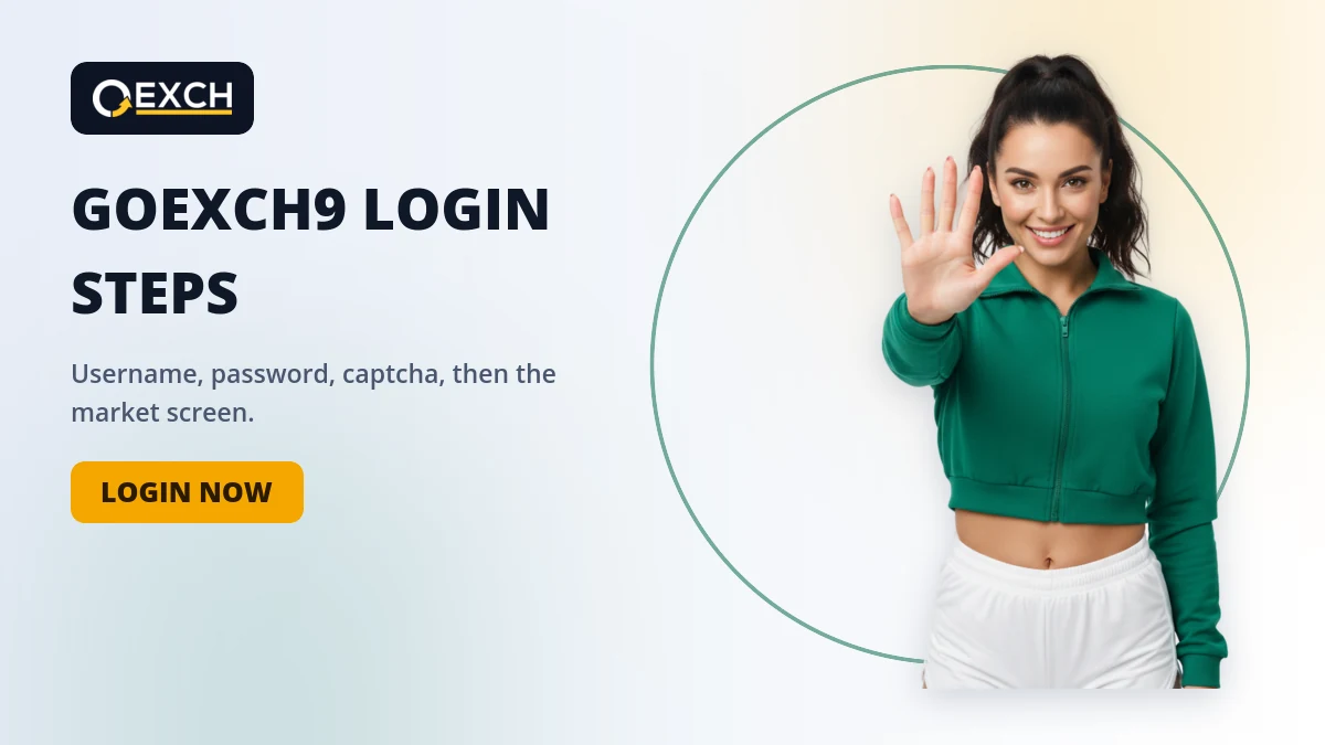 GoExch9 login steps banner showing the username, password and captcha order