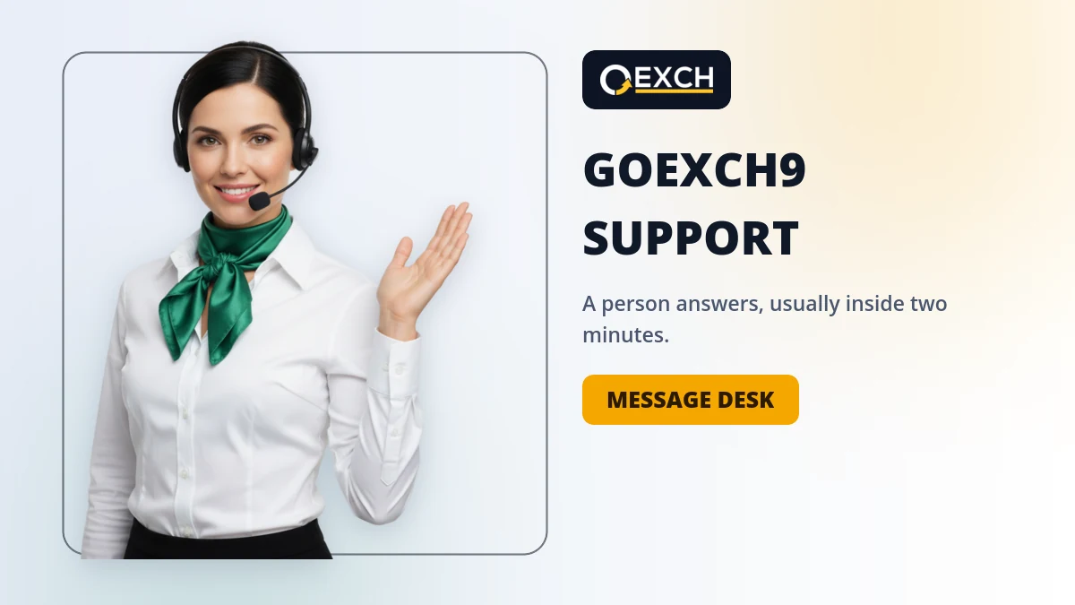 GoExch9 support banner with a headset presenter and a Message Desk button